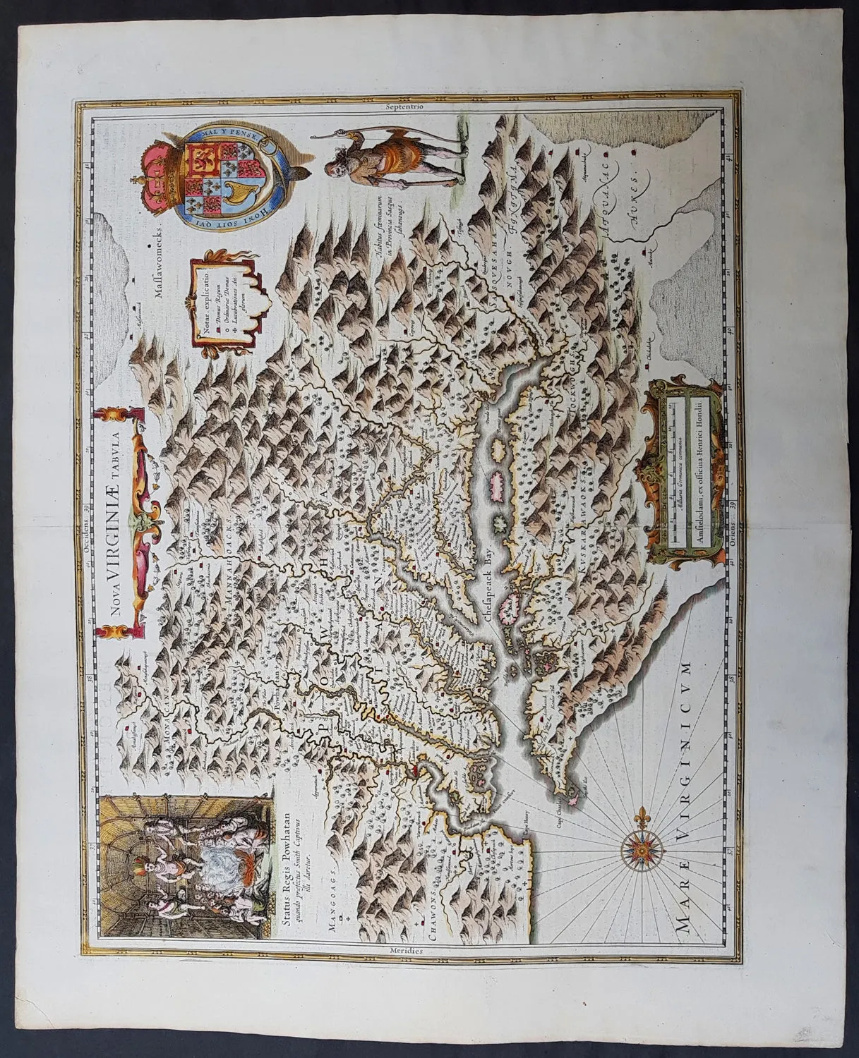 1633 John Smith & Hondius Original Antique Map of Virginia, Chesapeake Bay - Pocahontas