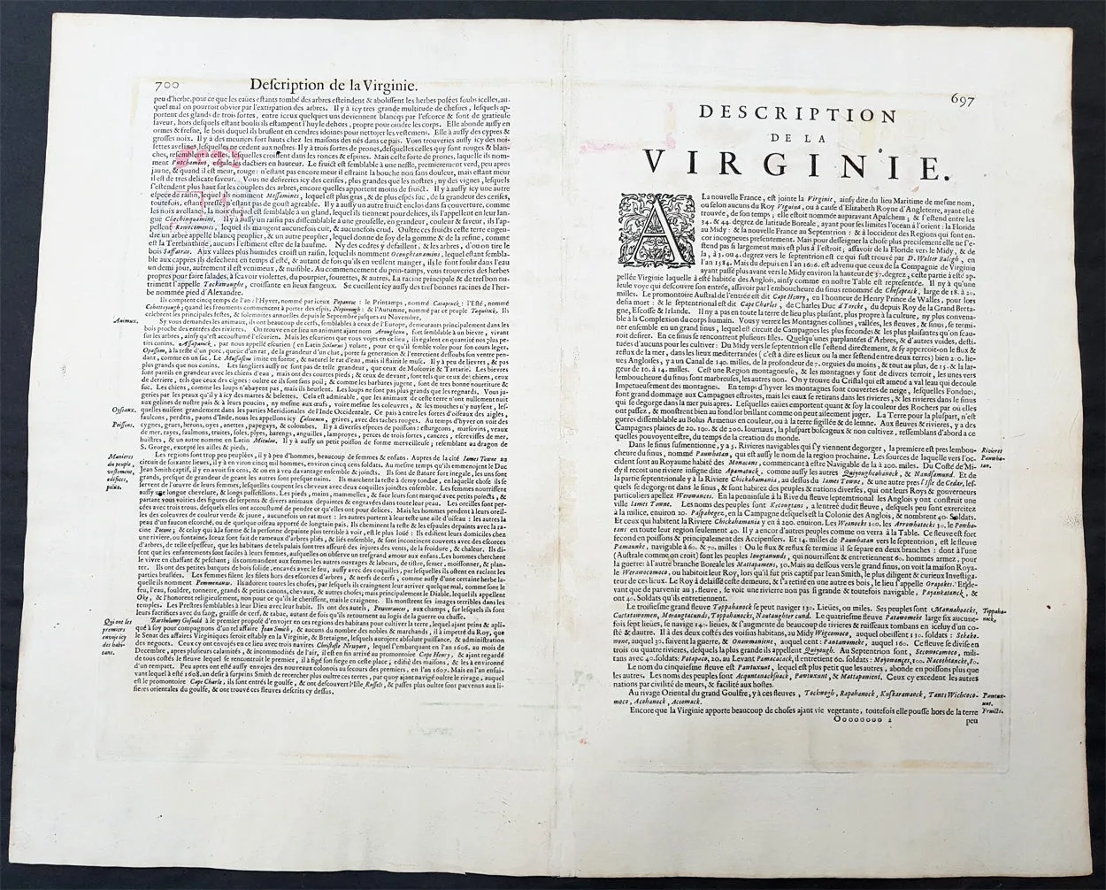 1633 John Smith & Hondius Original Antique Map of Virginia, Chesapeake Bay - Pocahontas