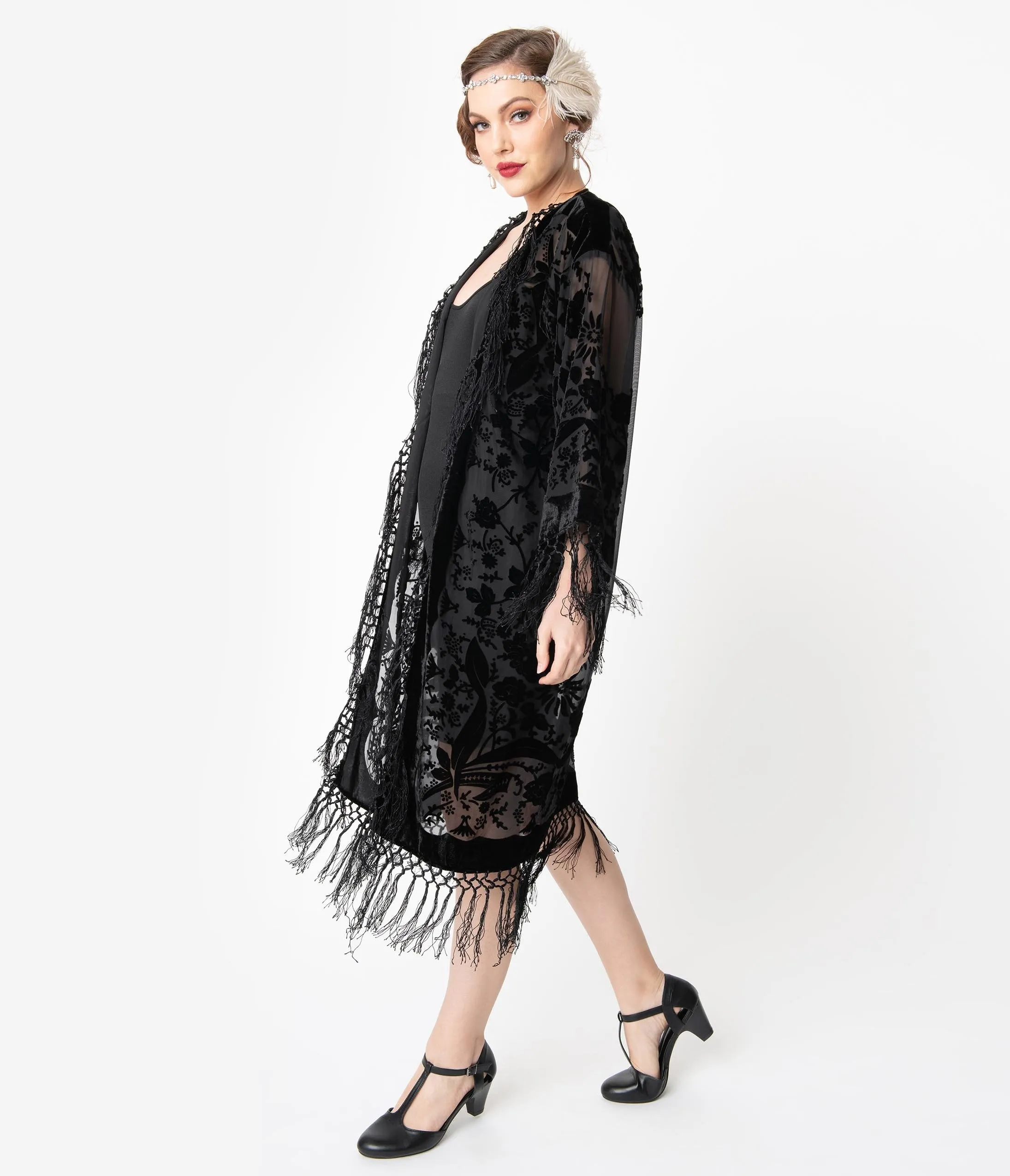 1920s Style Black Devore Velvet Fringe Long Flapper Coat