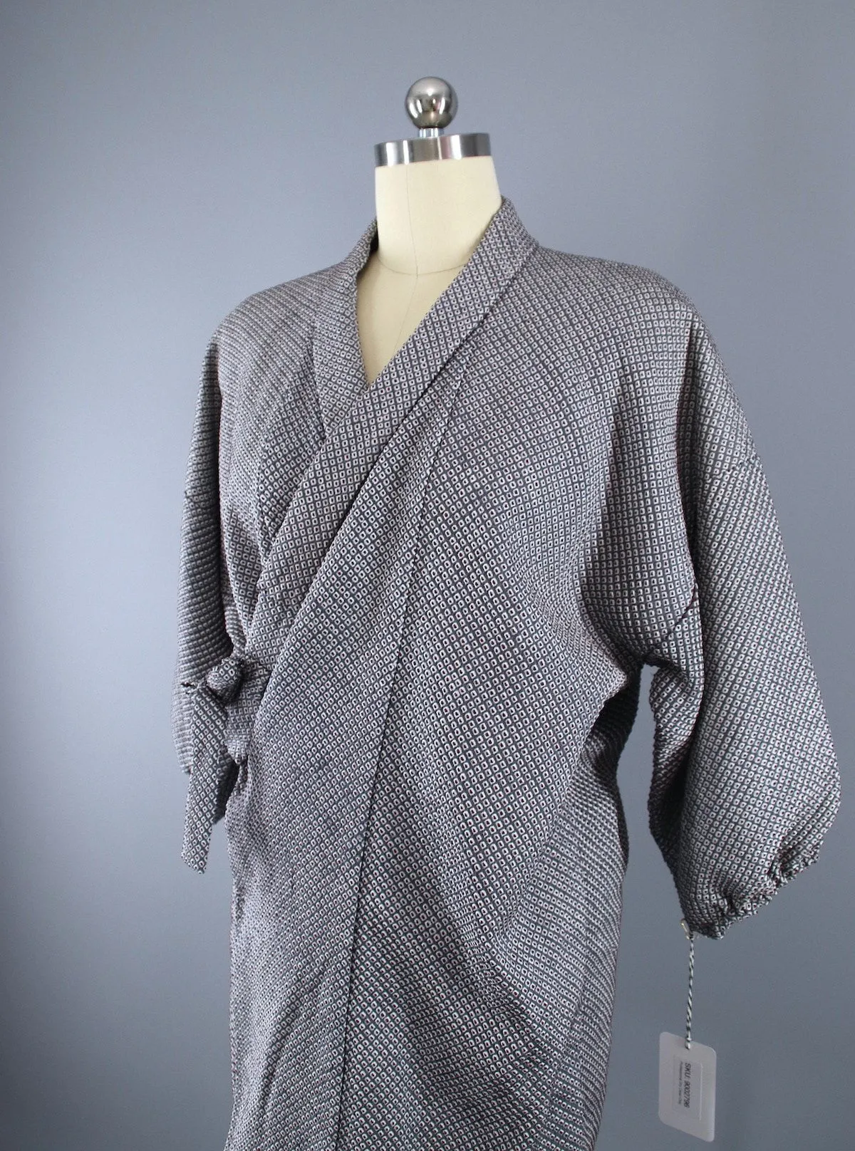 1950s Vintage Kimono Jacket Coat Douchugi / Grey & Maroon Shibori