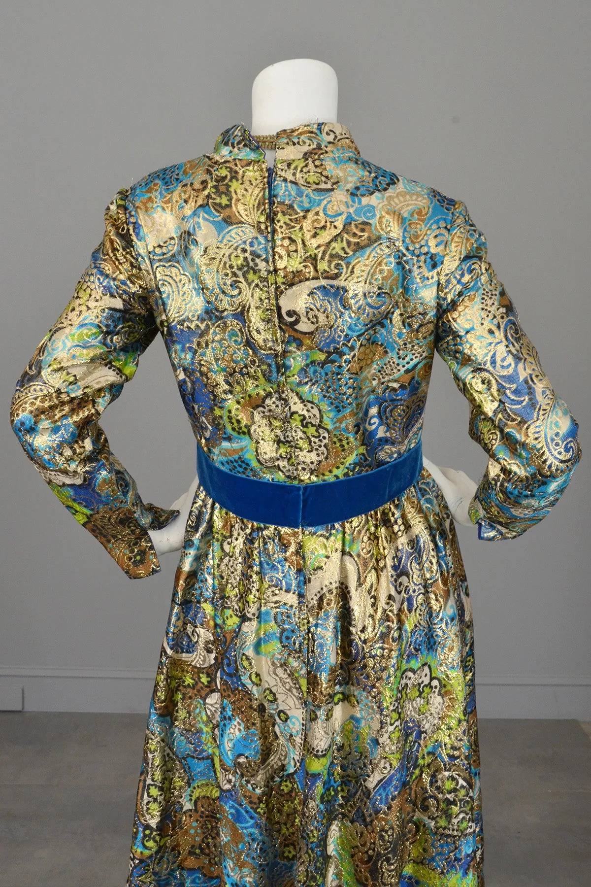 1960s Blue with Gold Metallic Lamé Paisley Print Vintage Gown