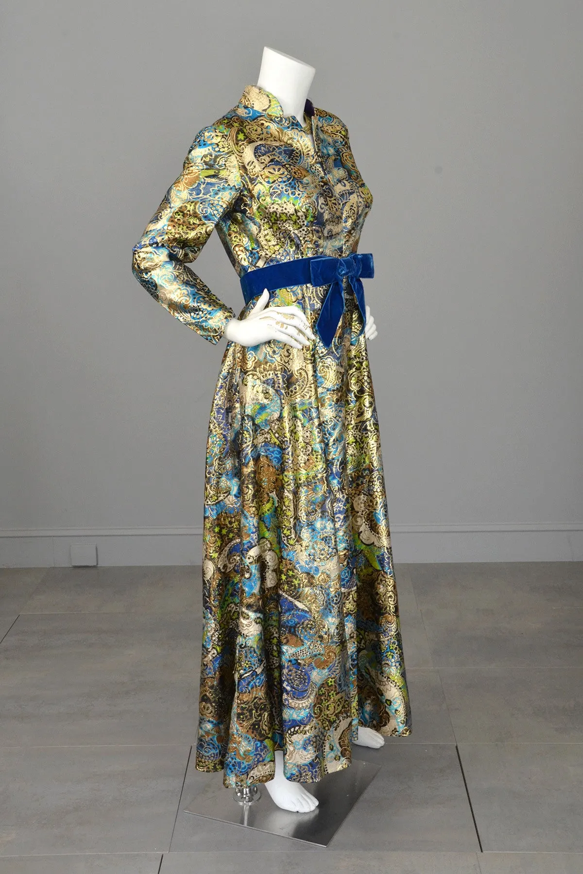 1960s Blue with Gold Metallic Lamé Paisley Print Vintage Gown