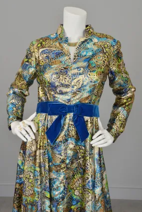 1960s Blue with Gold Metallic Lamé Paisley Print Vintage Gown