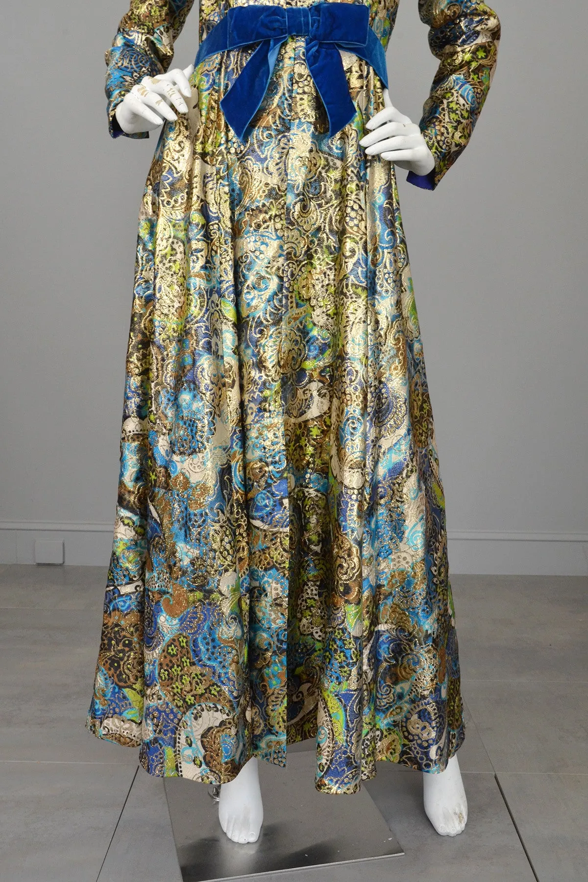 1960s Blue with Gold Metallic Lamé Paisley Print Vintage Gown