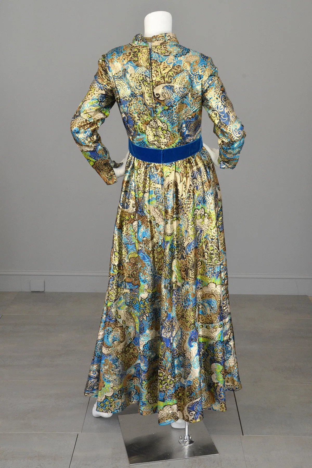 1960s Blue with Gold Metallic Lamé Paisley Print Vintage Gown