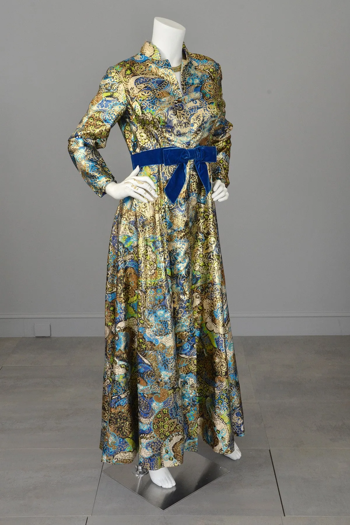 1960s Blue with Gold Metallic Lamé Paisley Print Vintage Gown