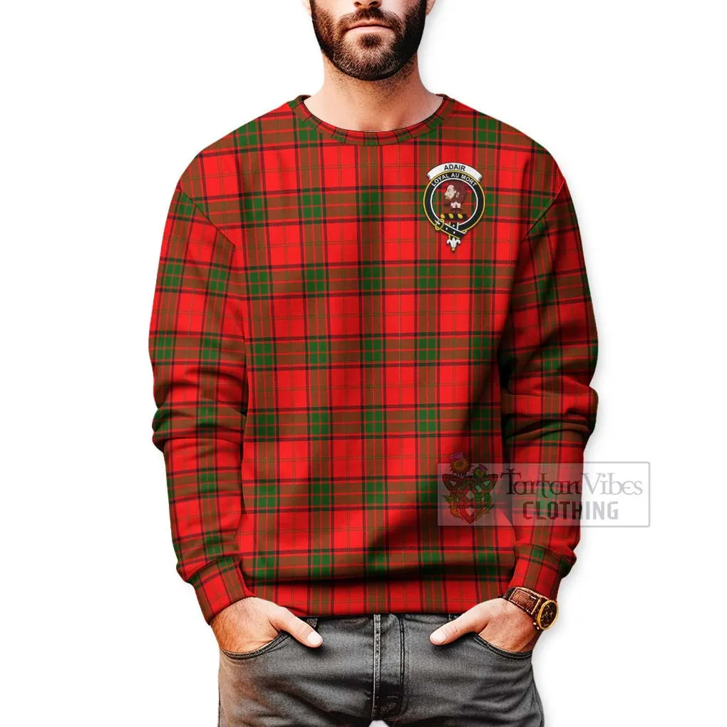 Adair Tartan Sweatshirt with Family Crest and Bearded Skull Holding Bottles of Whiskey