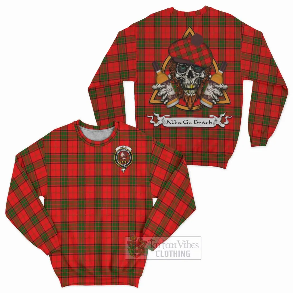 Adair Tartan Sweatshirt with Family Crest and Bearded Skull Holding Bottles of Whiskey