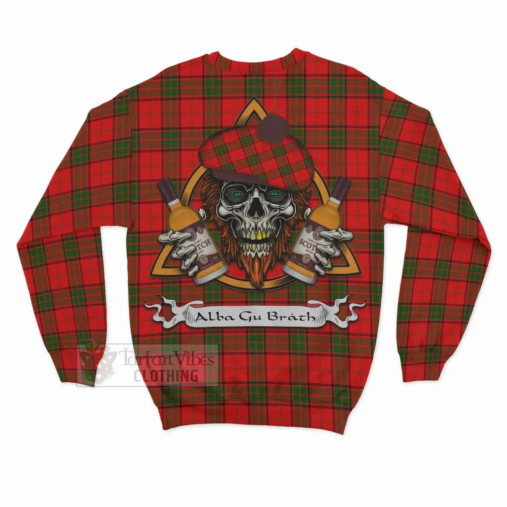 Adair Tartan Sweatshirt with Family Crest and Bearded Skull Holding Bottles of Whiskey