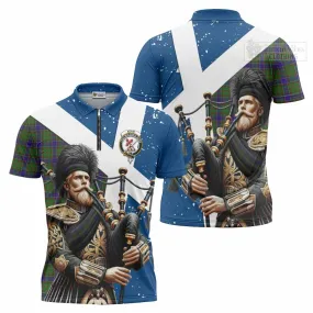 Adam Tartan Zipper Polo Shirt with Family Crest Scottish Bagpiper Vibes