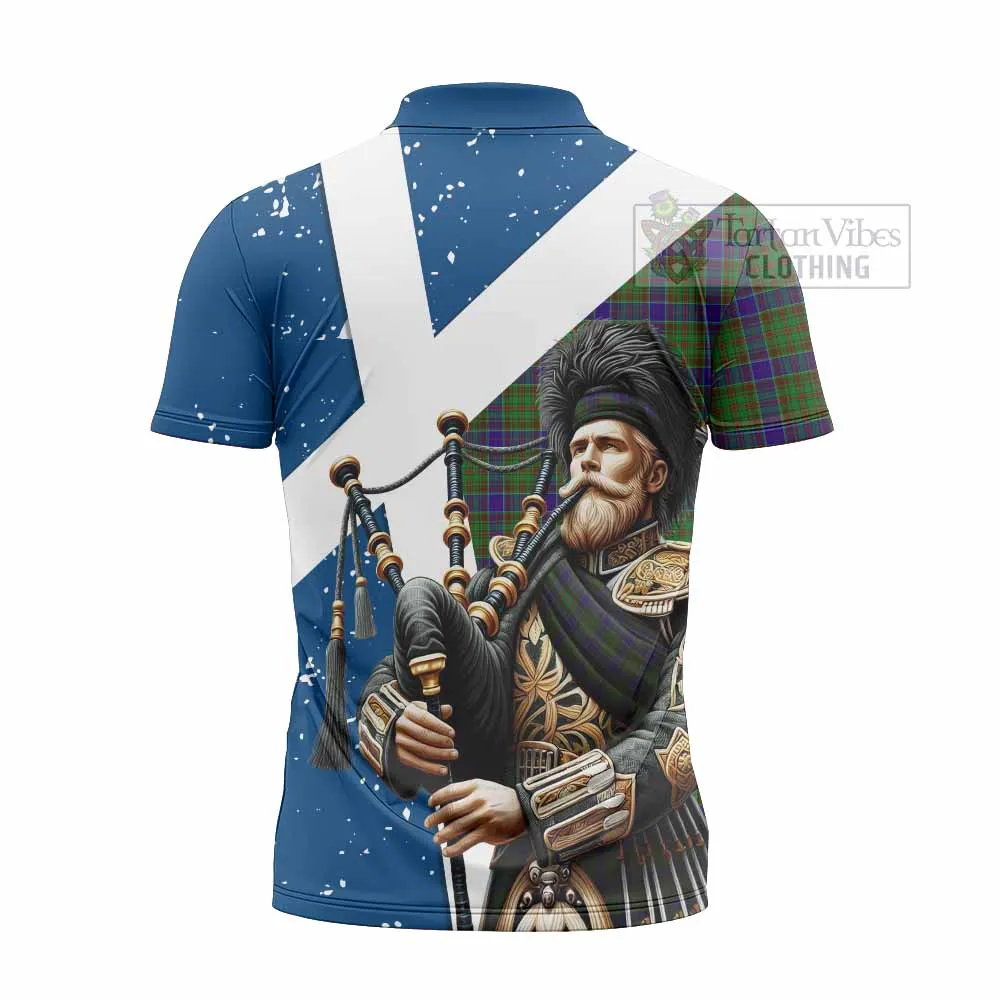 Adam Tartan Zipper Polo Shirt with Family Crest Scottish Bagpiper Vibes