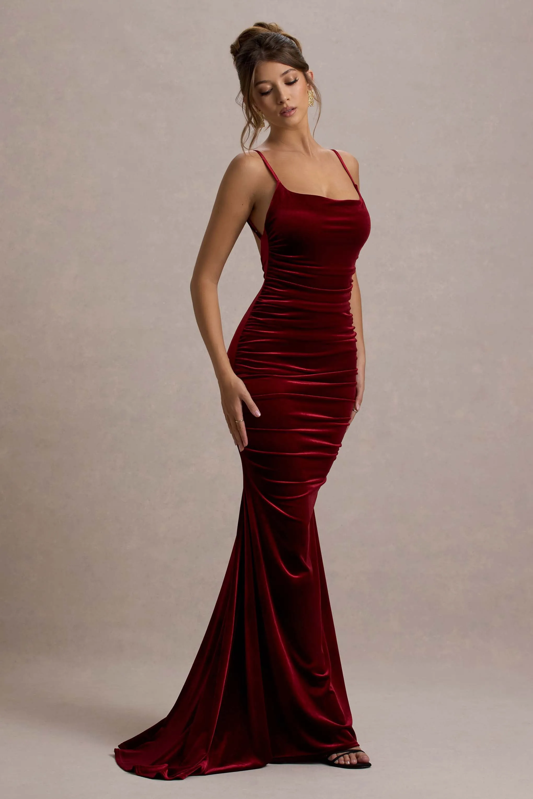 Adele | Berry Velvet Ruched Strappy Fishtail Maxi Dress