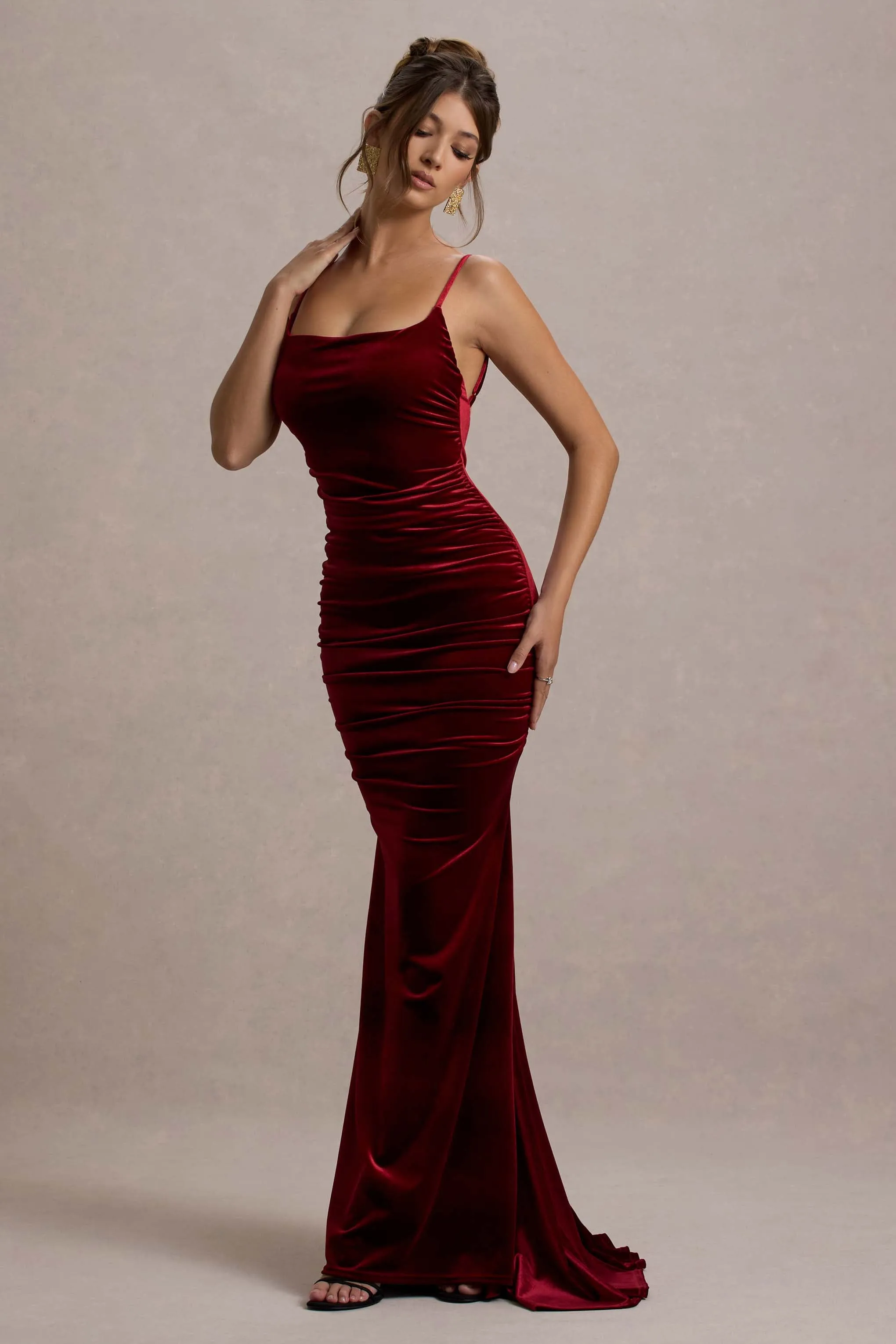 Adele | Berry Velvet Ruched Strappy Fishtail Maxi Dress