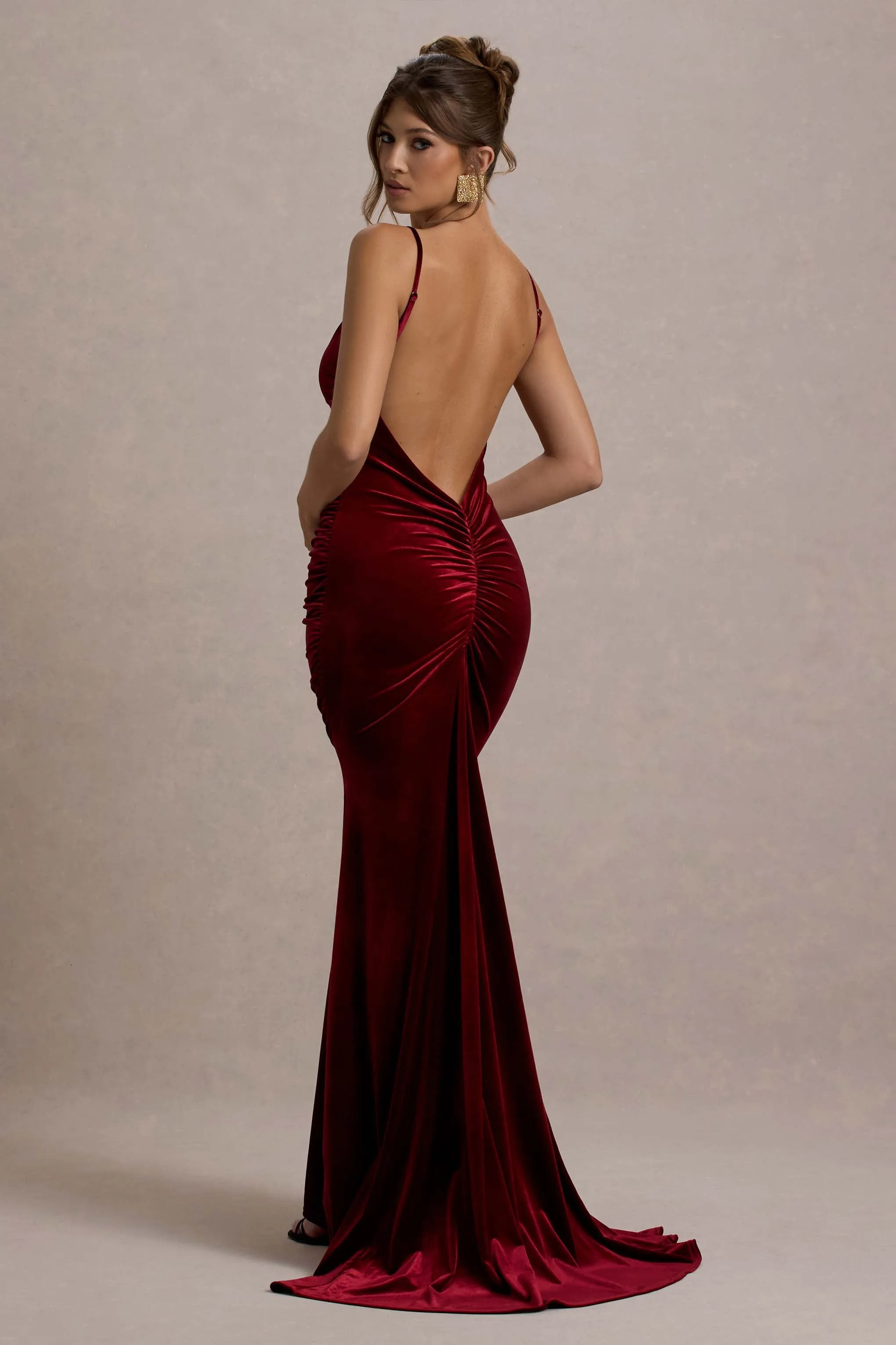 Adele | Berry Velvet Ruched Strappy Fishtail Maxi Dress