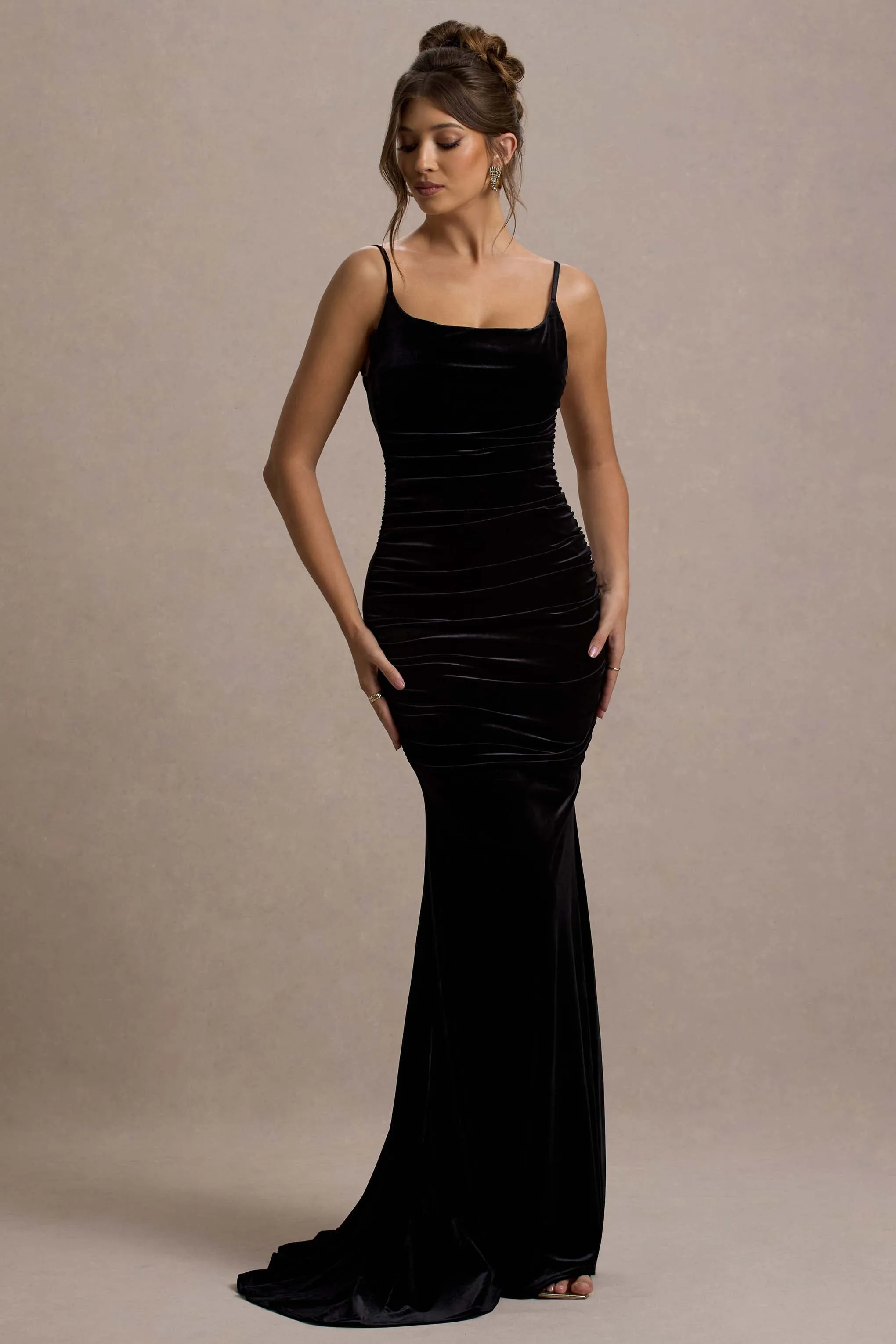 Adele | Black Velvet Ruched Strappy Fishtail Maxi Dress