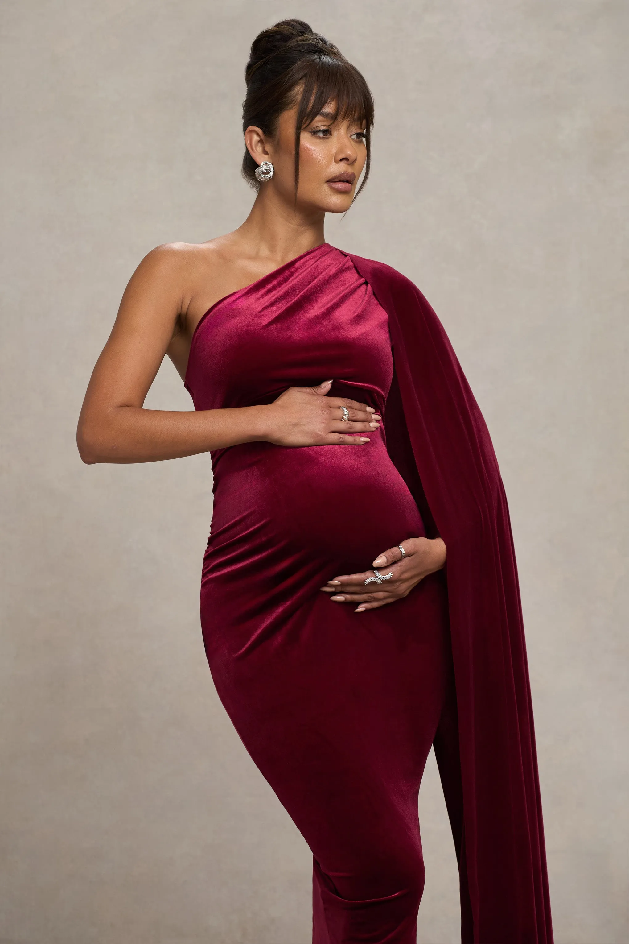 Amaryllis | Berry Velvet Maternity One Shoulder Maxi Dress with Cape Sleeve