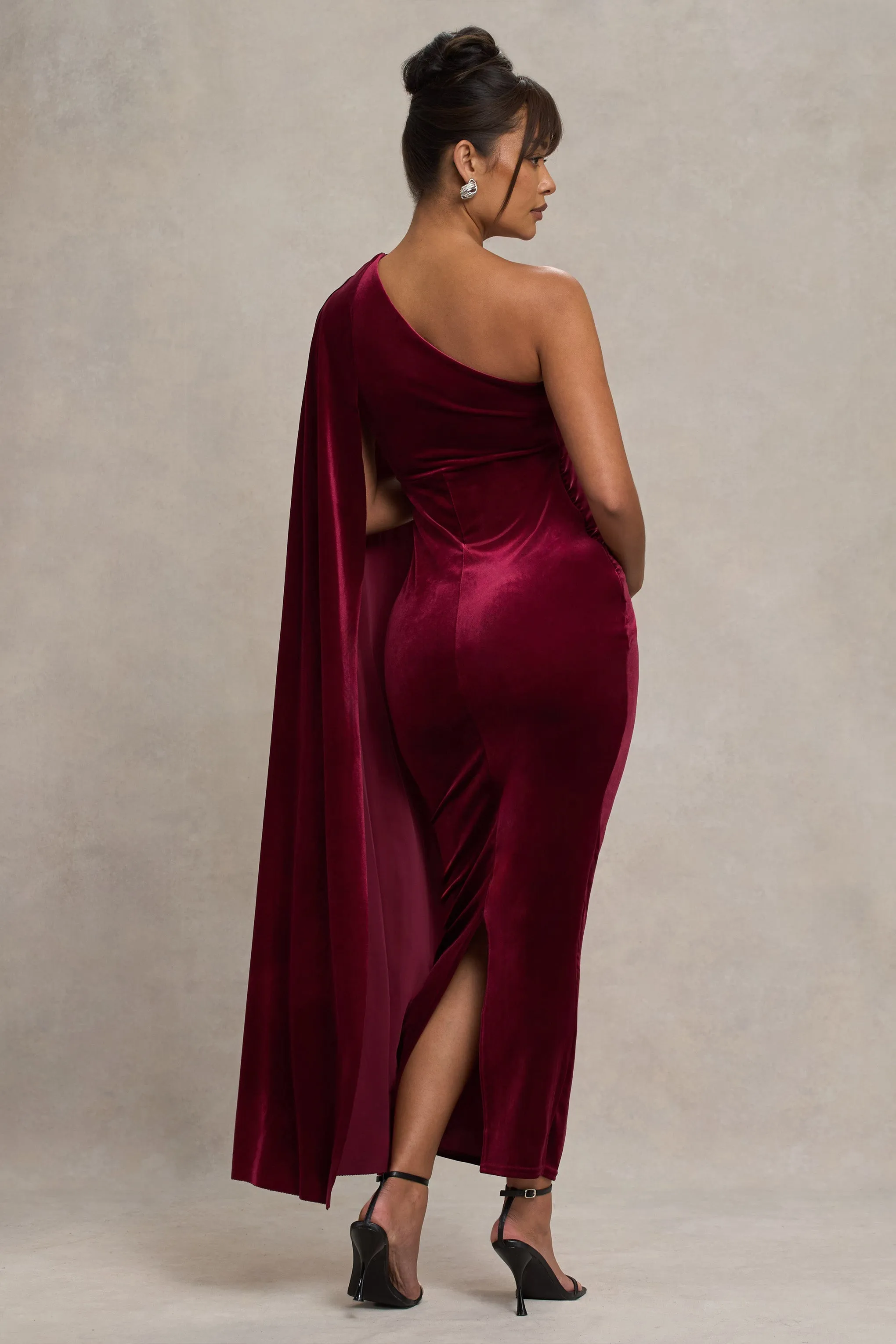 Amaryllis | Berry Velvet Maternity One Shoulder Maxi Dress with Cape Sleeve