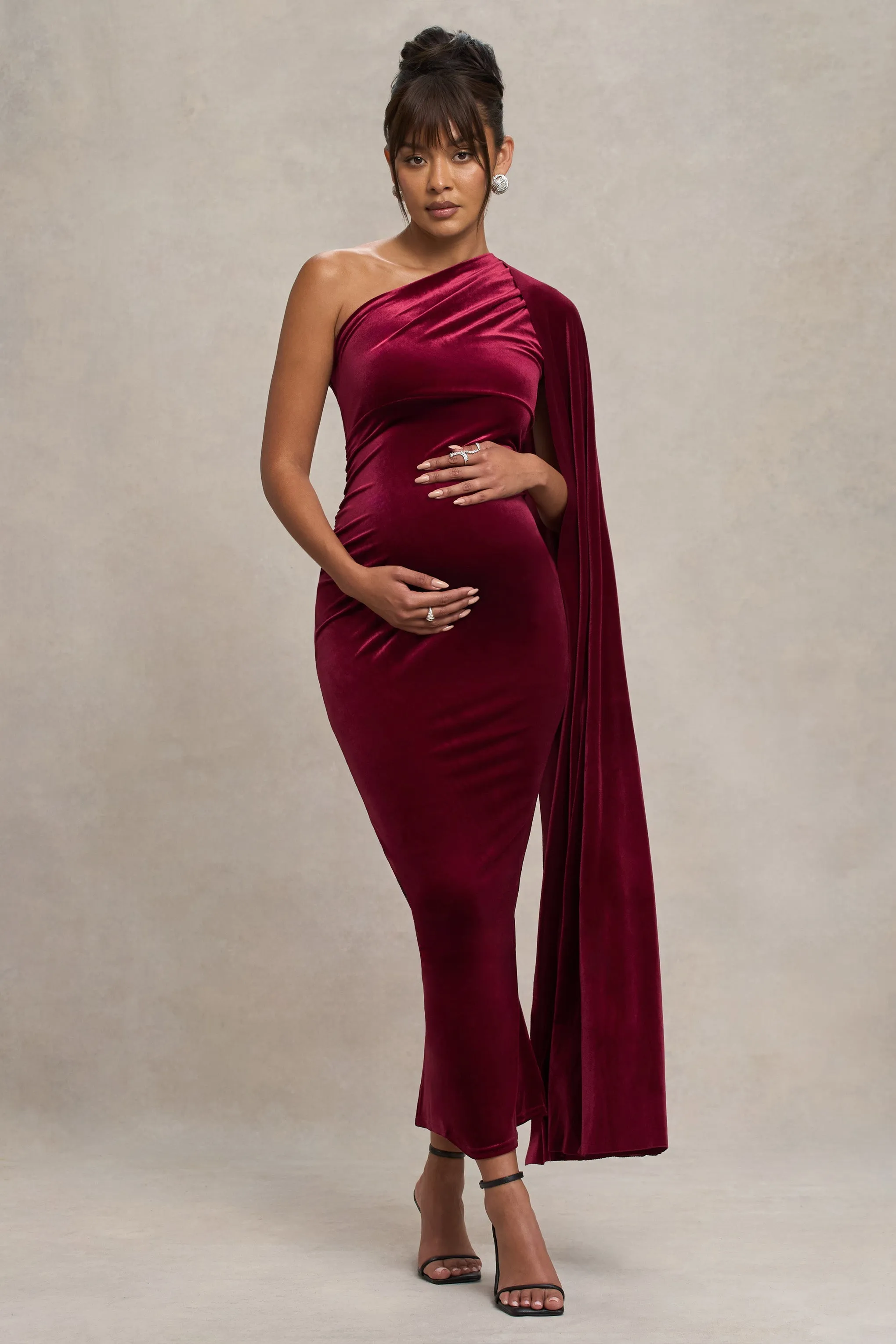 Amaryllis | Berry Velvet Maternity One Shoulder Maxi Dress with Cape Sleeve