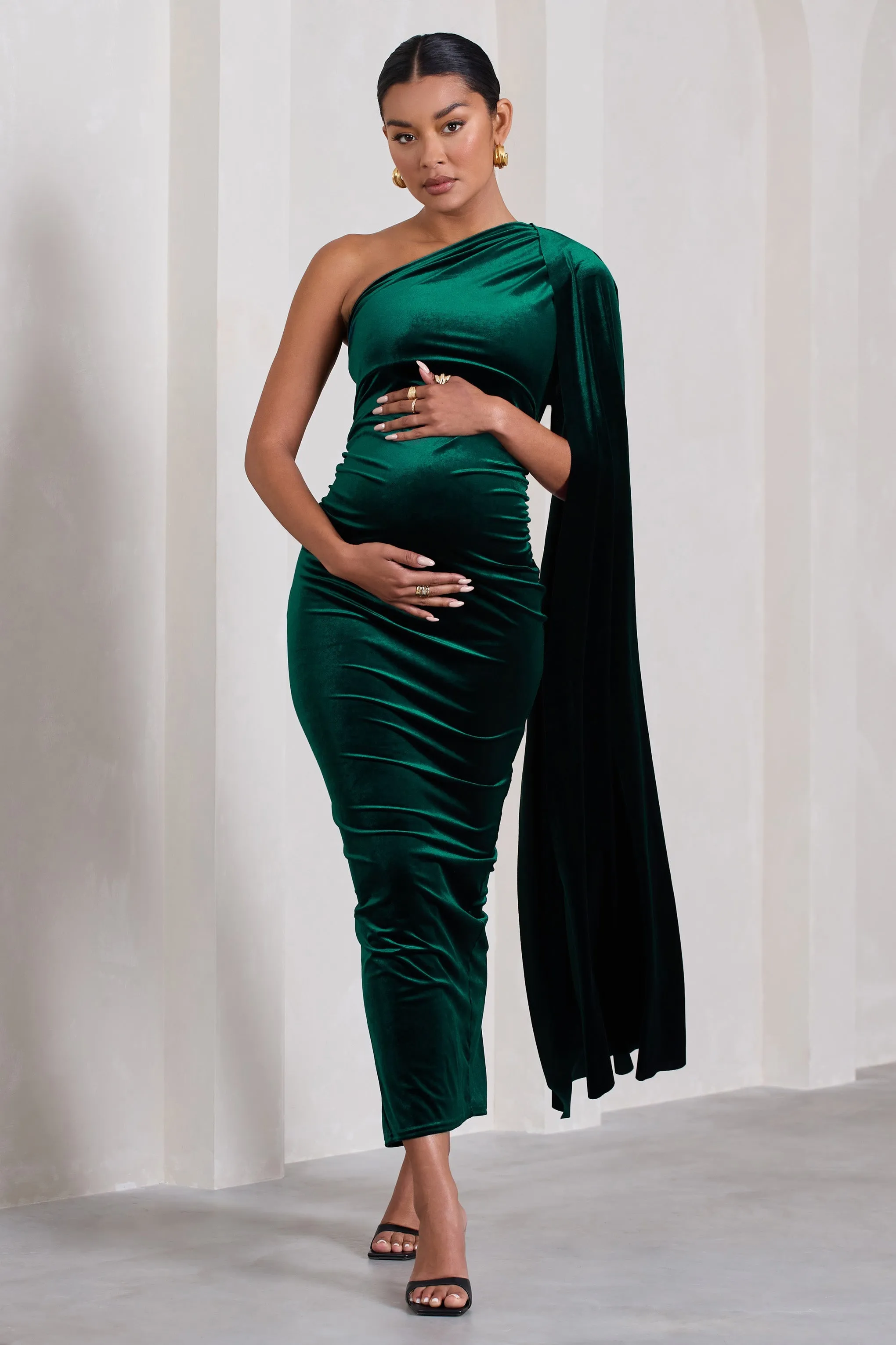 Amaryllis | Bottle Green Velvet Maternity One Shoulder Maxi Dress with Cape Sleeve