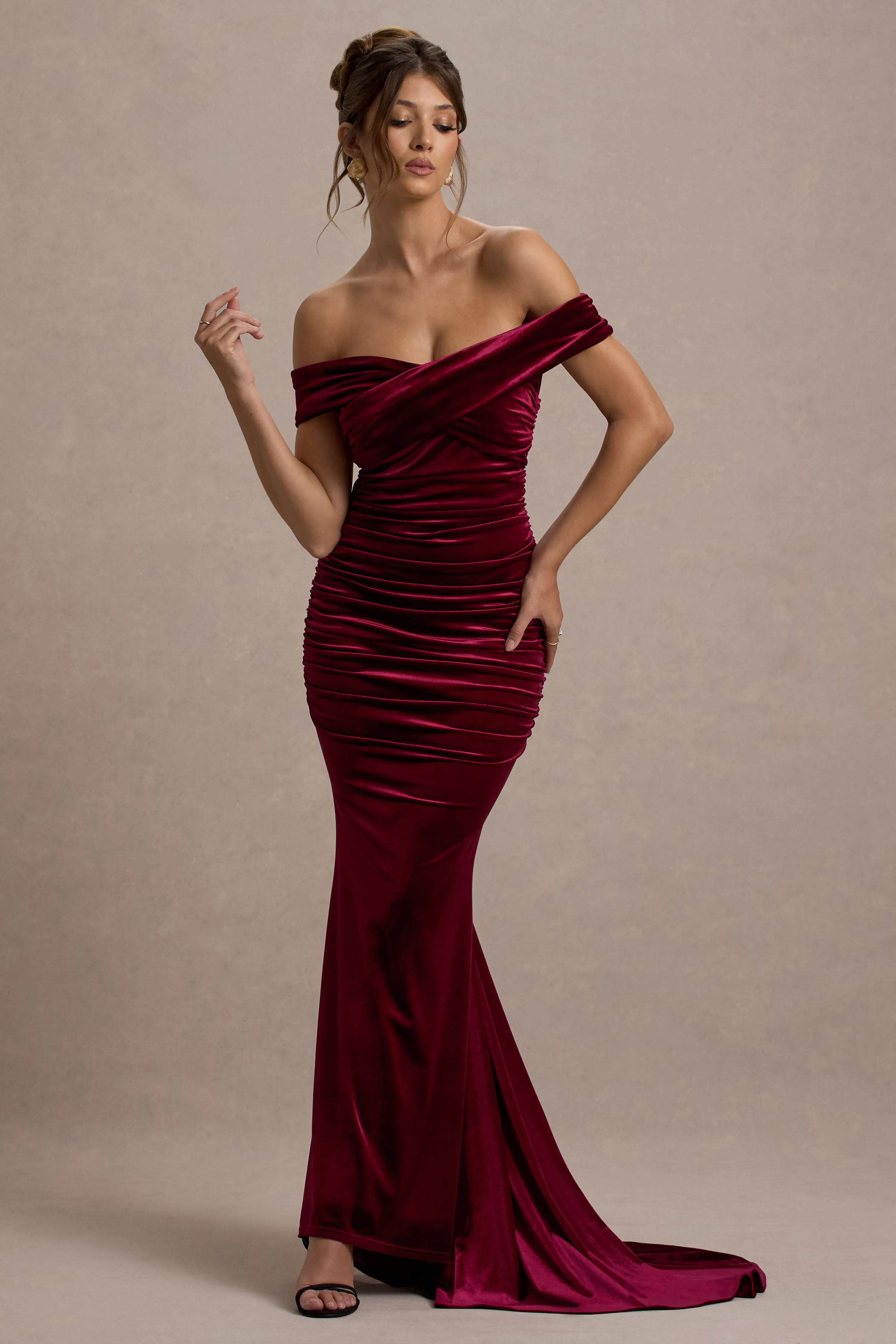 Apolline | Berry Velvet Off The Shoulder Ruched Fishtail Maxi Dress