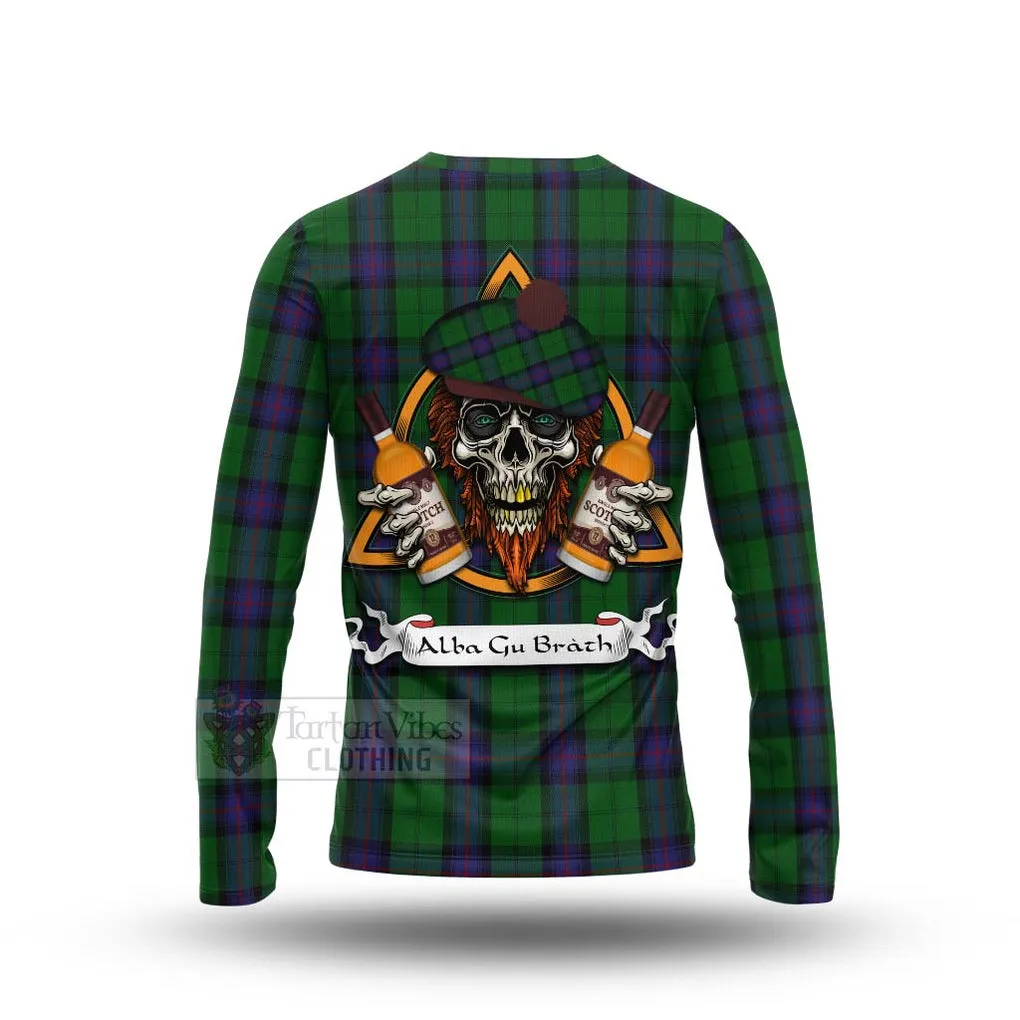 Armstrong Tartan Long Sleeve T-Shirt with Family Crest and Bearded Skull Holding Bottles of Whiskey