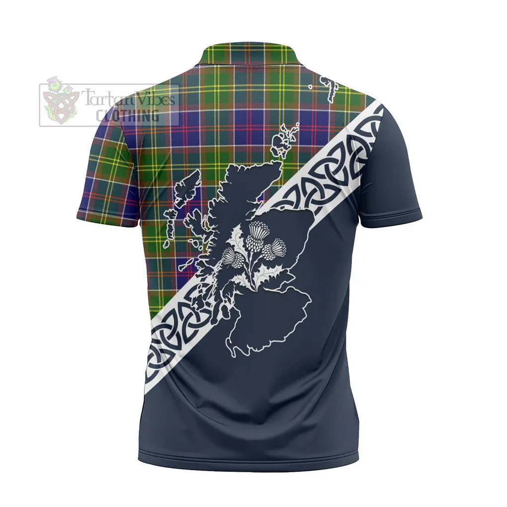 Arnott Tartan Zipper Polo Shirt Featuring Thistle and Scotland Map