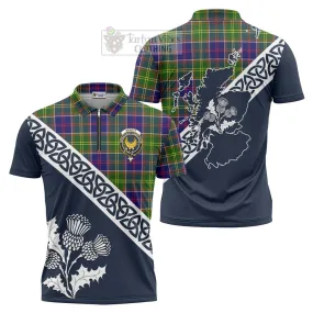 Arnott Tartan Zipper Polo Shirt Featuring Thistle and Scotland Map