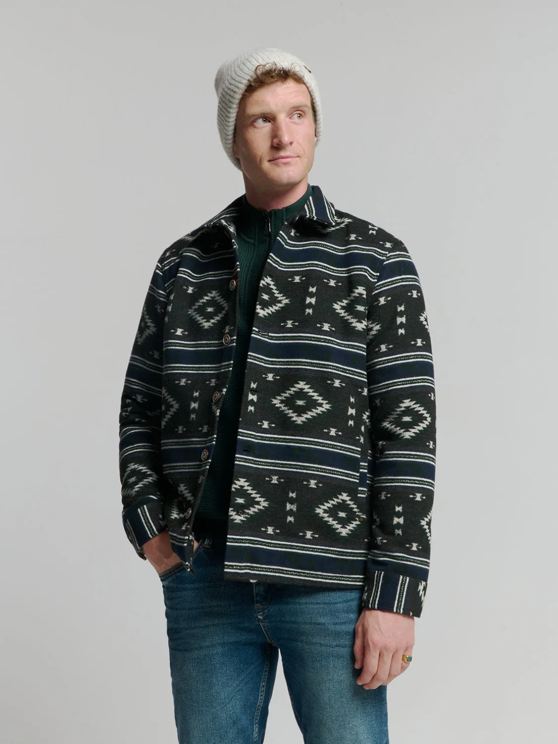 Aztec Pattern Overshirt with Button Closure: Modern Design and Comfort | Black