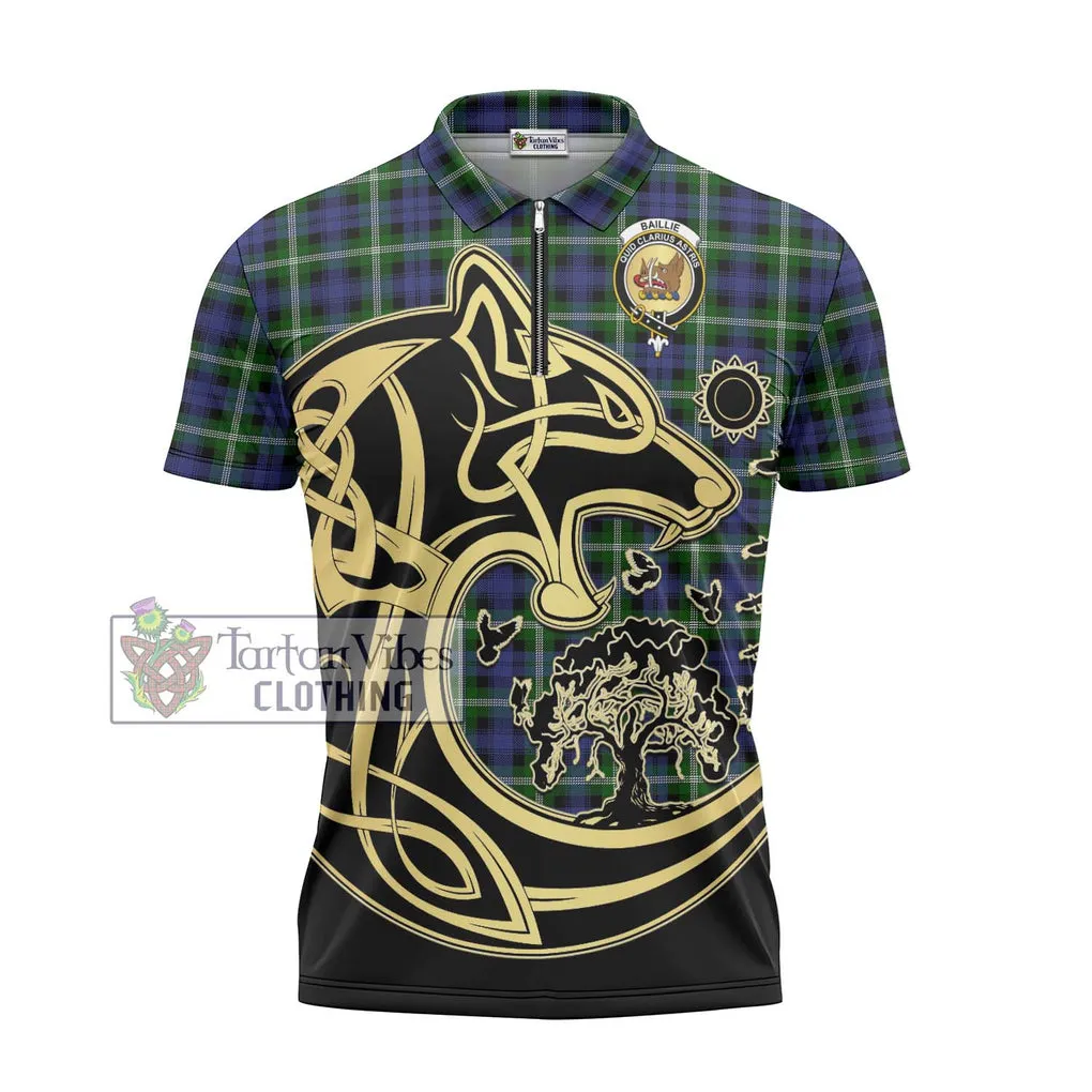 Baillie (Bailey) Tartan Zipper Polo Shirt with Family Crest Celtic Wolf Style