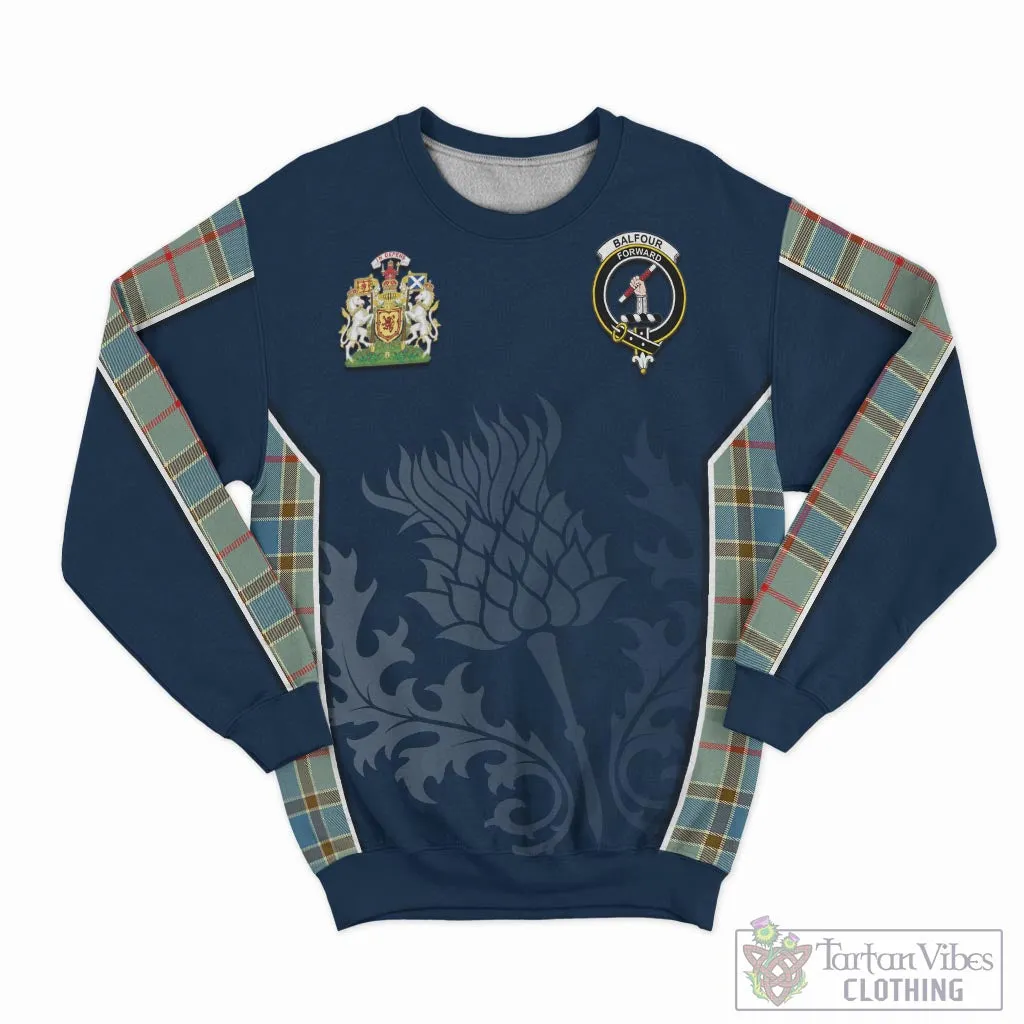 Balfour Blue Tartan Sweatshirt with Family Crest and Scottish Thistle Vibes Sport Style