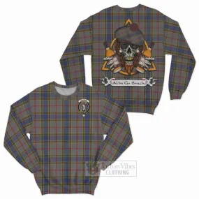 Balfour Tartan Sweatshirt with Family Crest and Bearded Skull Holding Bottles of Whiskey