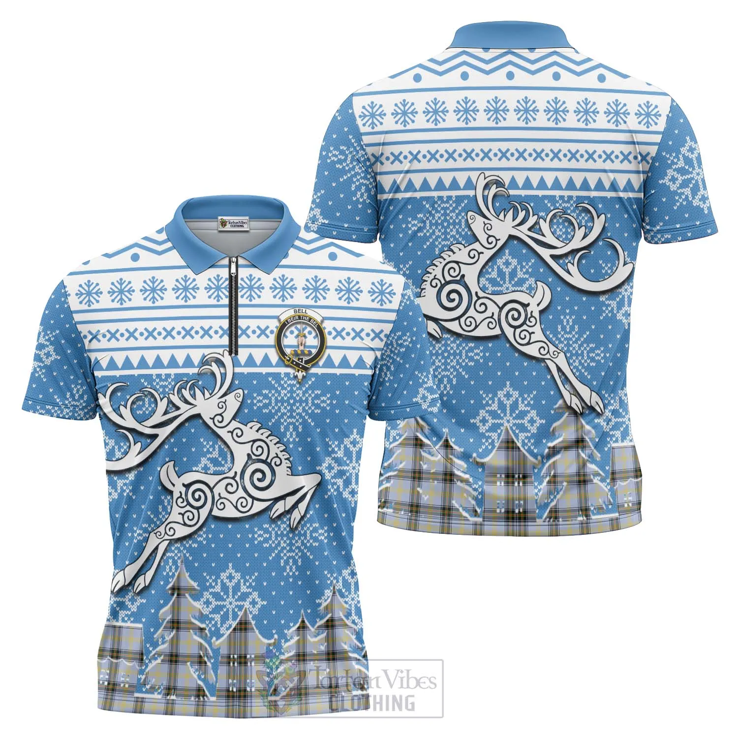 Bell Clan Christmas Zipper Polo Shirt Celtic Reindeer Style