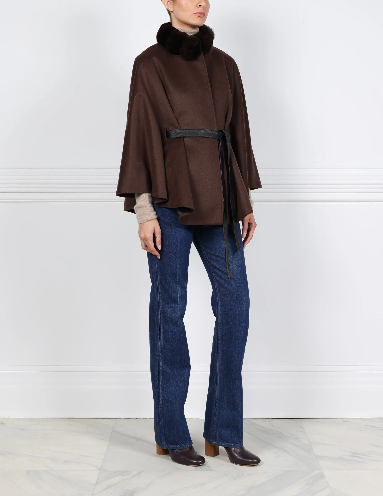 Belted Cashmere Cape with Chinchilla Trim in Chocolate