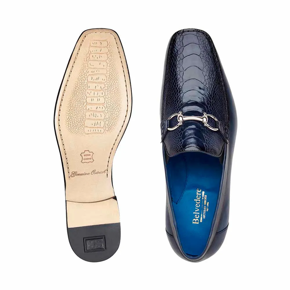 Belvedere Bruno Men's Split-Toe Navy Ostrich Horsebit Loafers