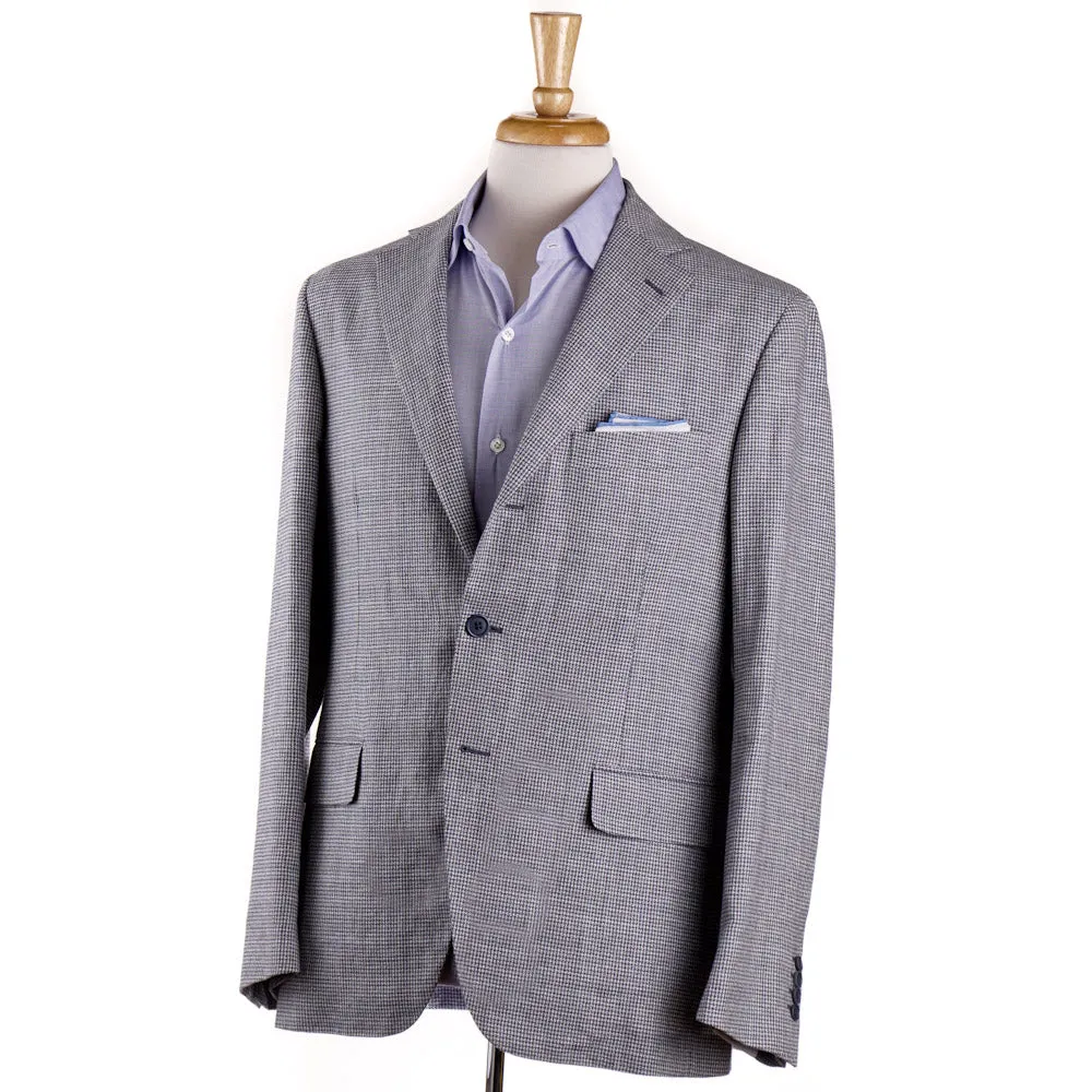 Belvest Blue Houndstooth Linen-Cotton Sport Coat