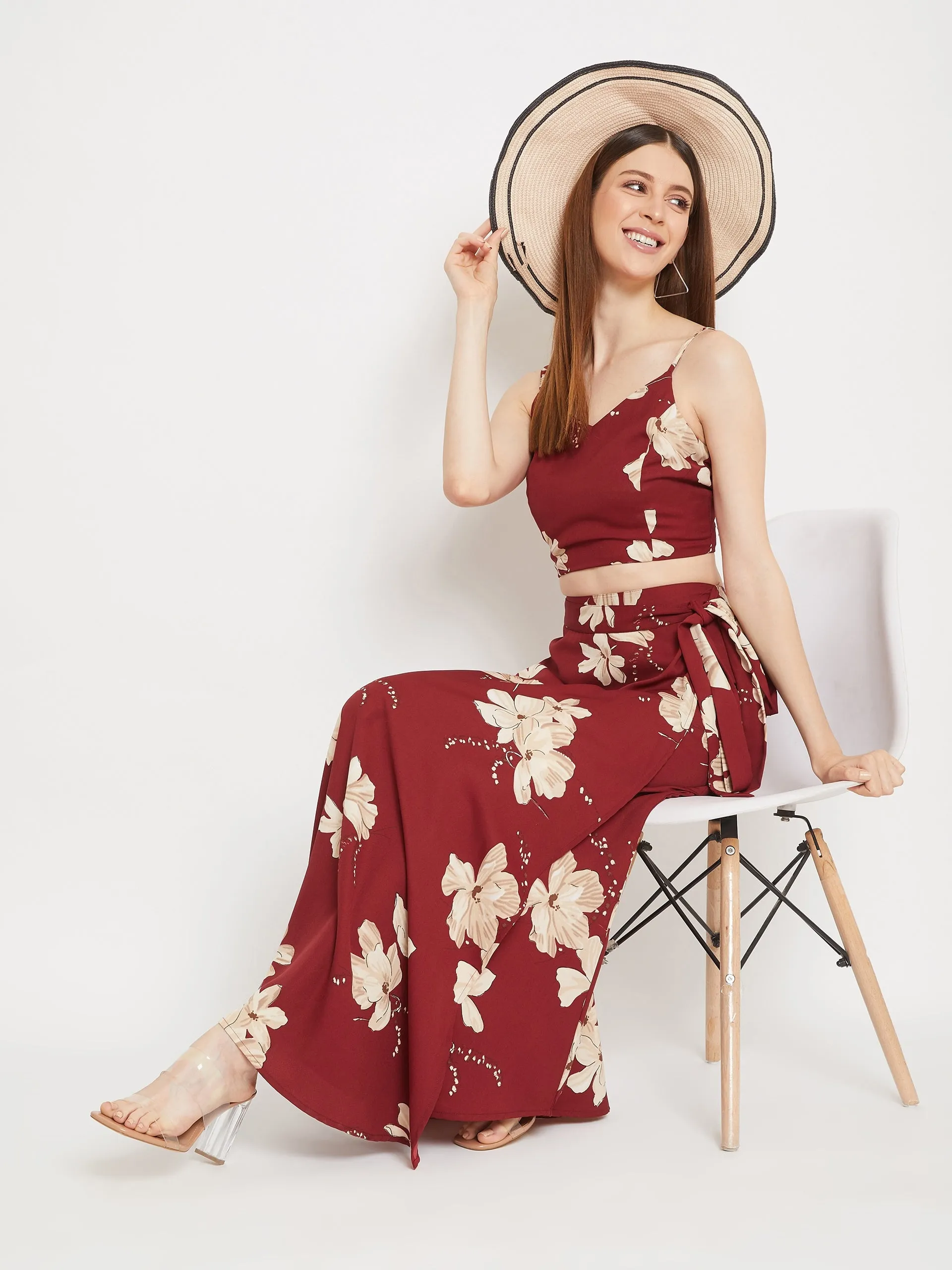 Berrylush Women Maroon Floral Printed Two-Piece Maxi Dress