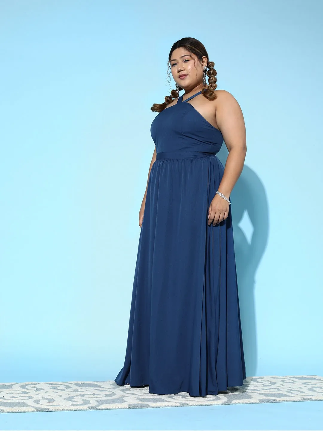 Berrylush Women Plus Size Solid Blue Halter Neck Sleeveless Zipper-Up Pleated A-Line Maxi Dress