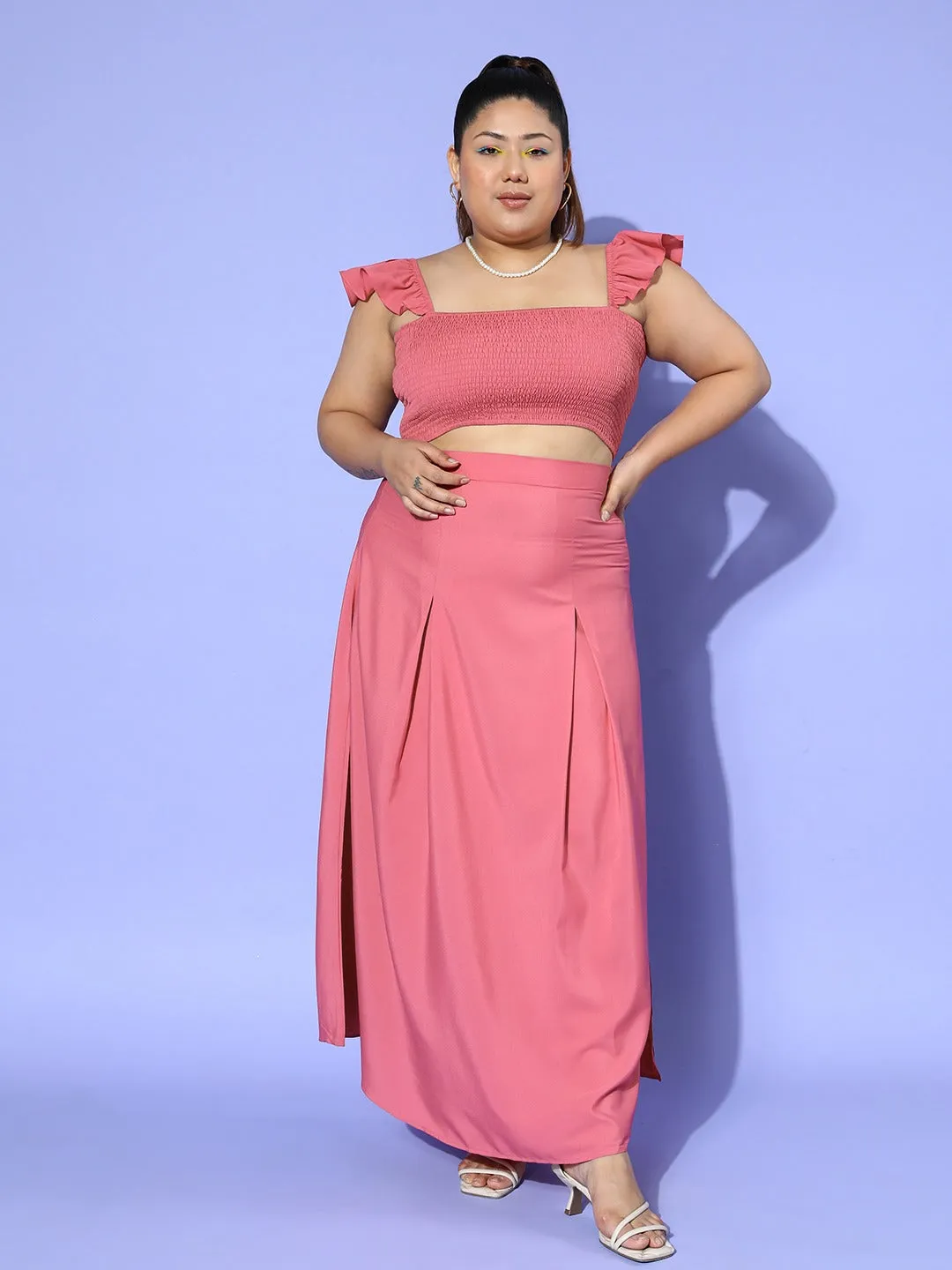 Berrylush Women Plus Size Solid Pink Square Neck Crepe Smocked Crop Top & Thigh-High Slit Maxi Skirt Co-Ord Set