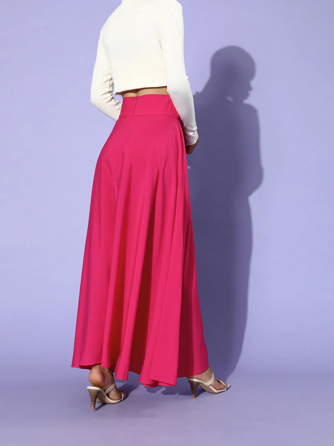 Berrylush Women Solid Pink Flared Waist Tie-Up Maxi Skirt