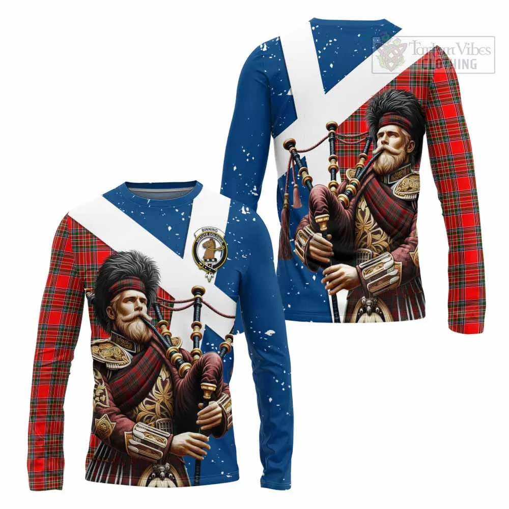 Binning Tartan Long Sleeve T-Shirt with Family Crest Scottish Bagpiper Vibes