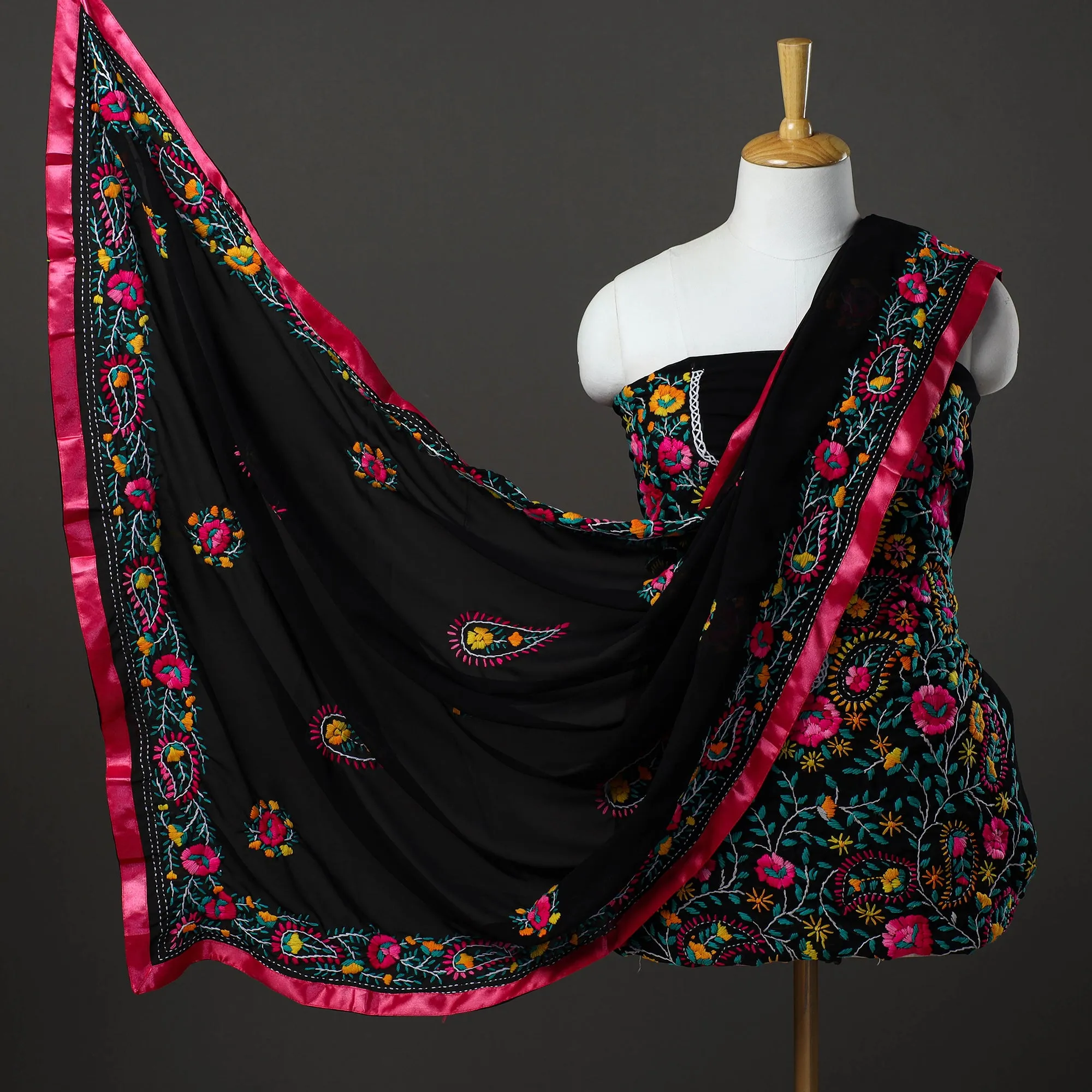 Black - 3pc Hand Embroidery Georgette Phulkari Dress Material 57