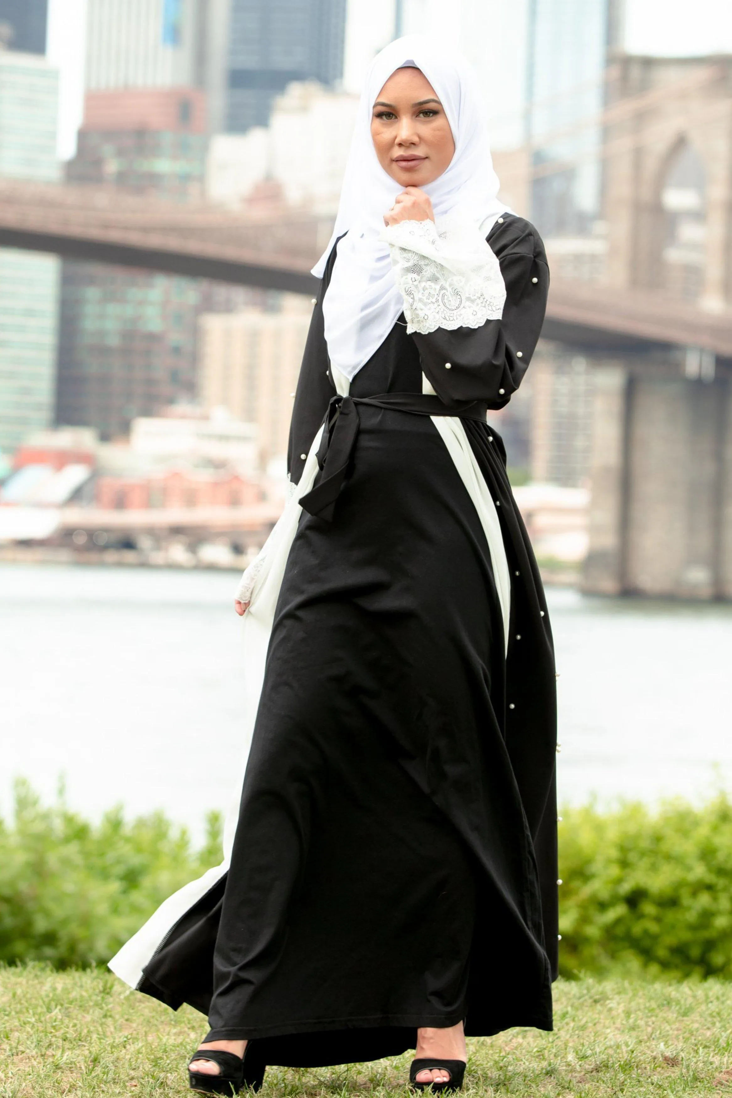 Black and White Pearl Open Front Abaya