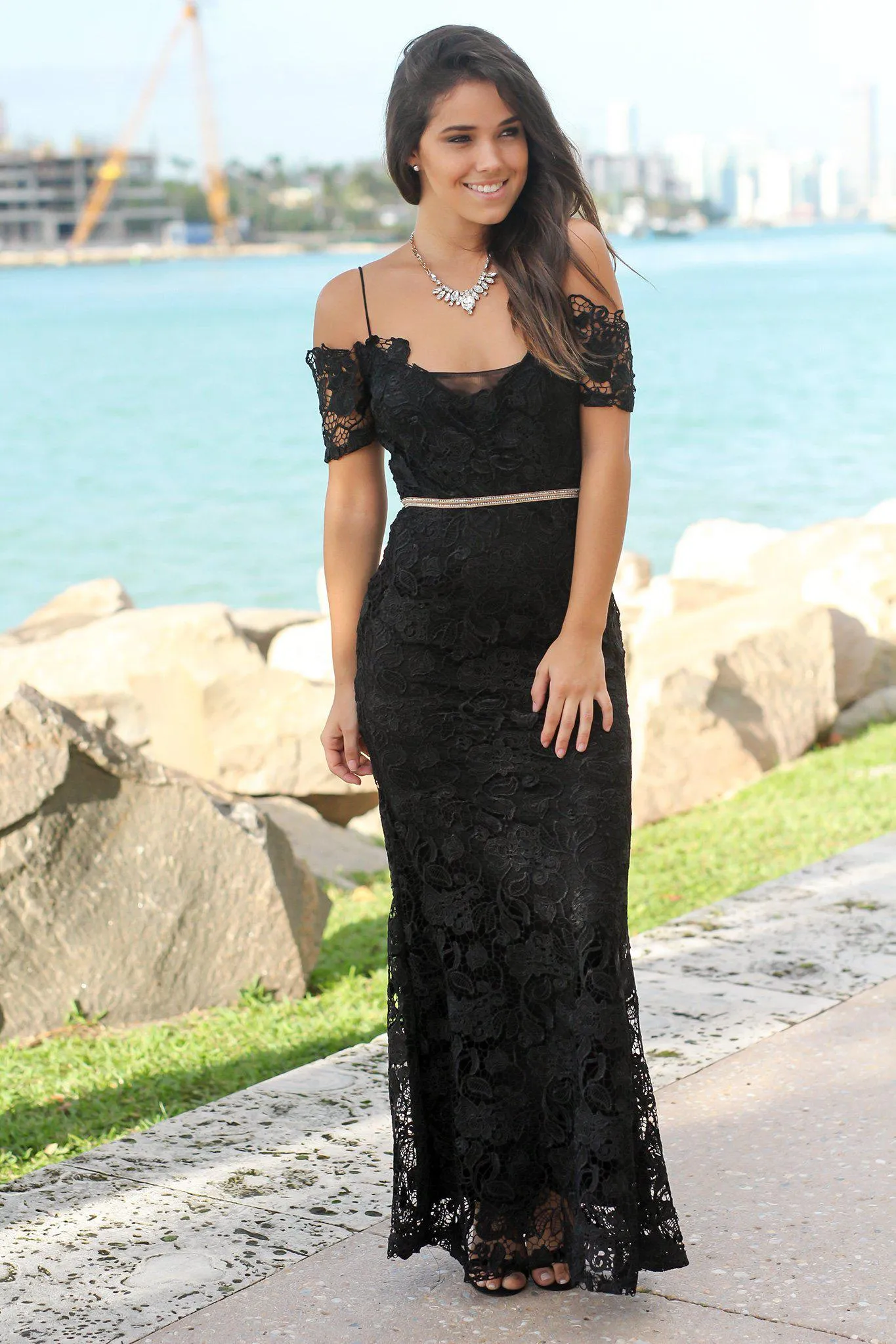 Black Crochet Maxi Dress with Gold Detail