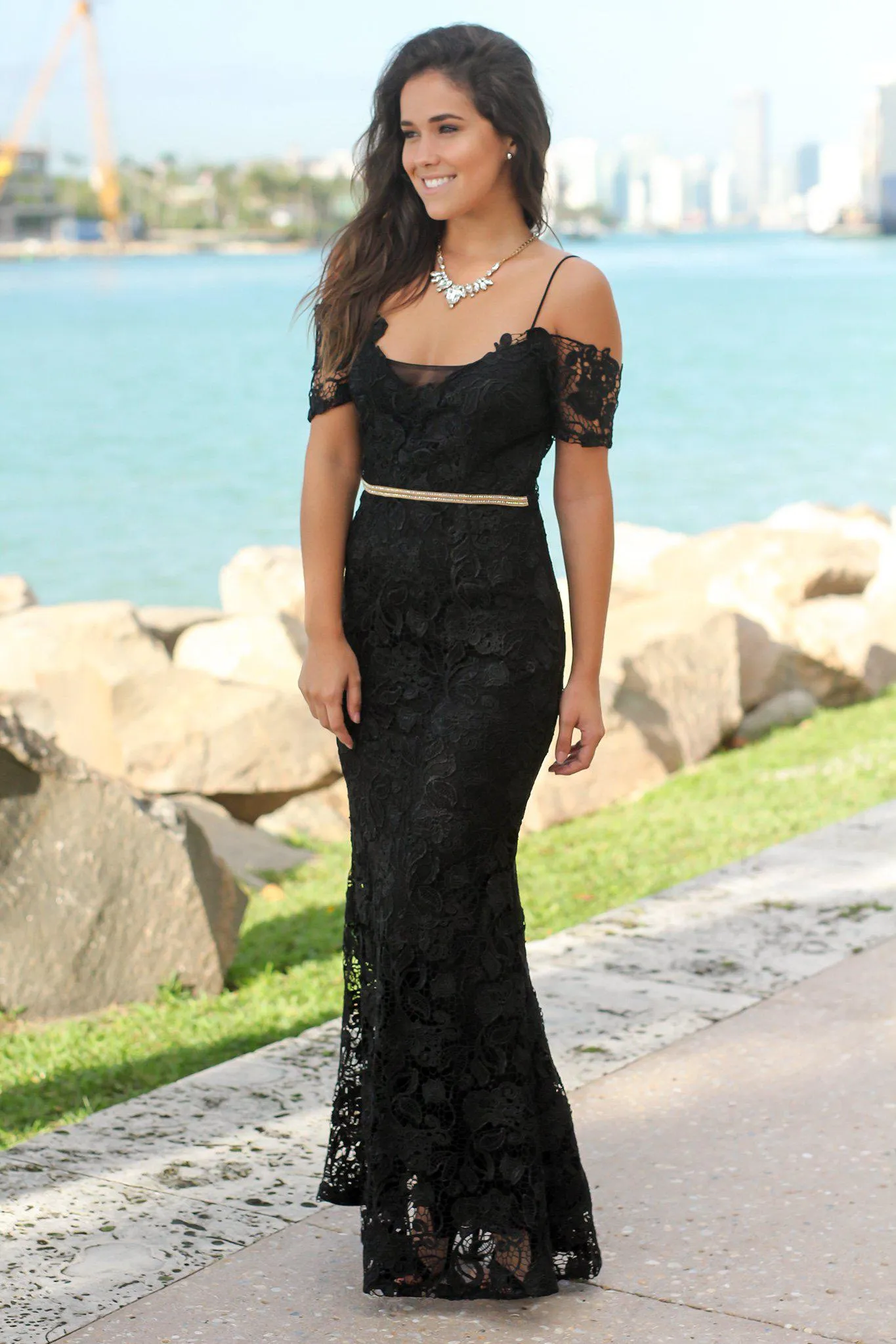 Black Crochet Maxi Dress with Gold Detail