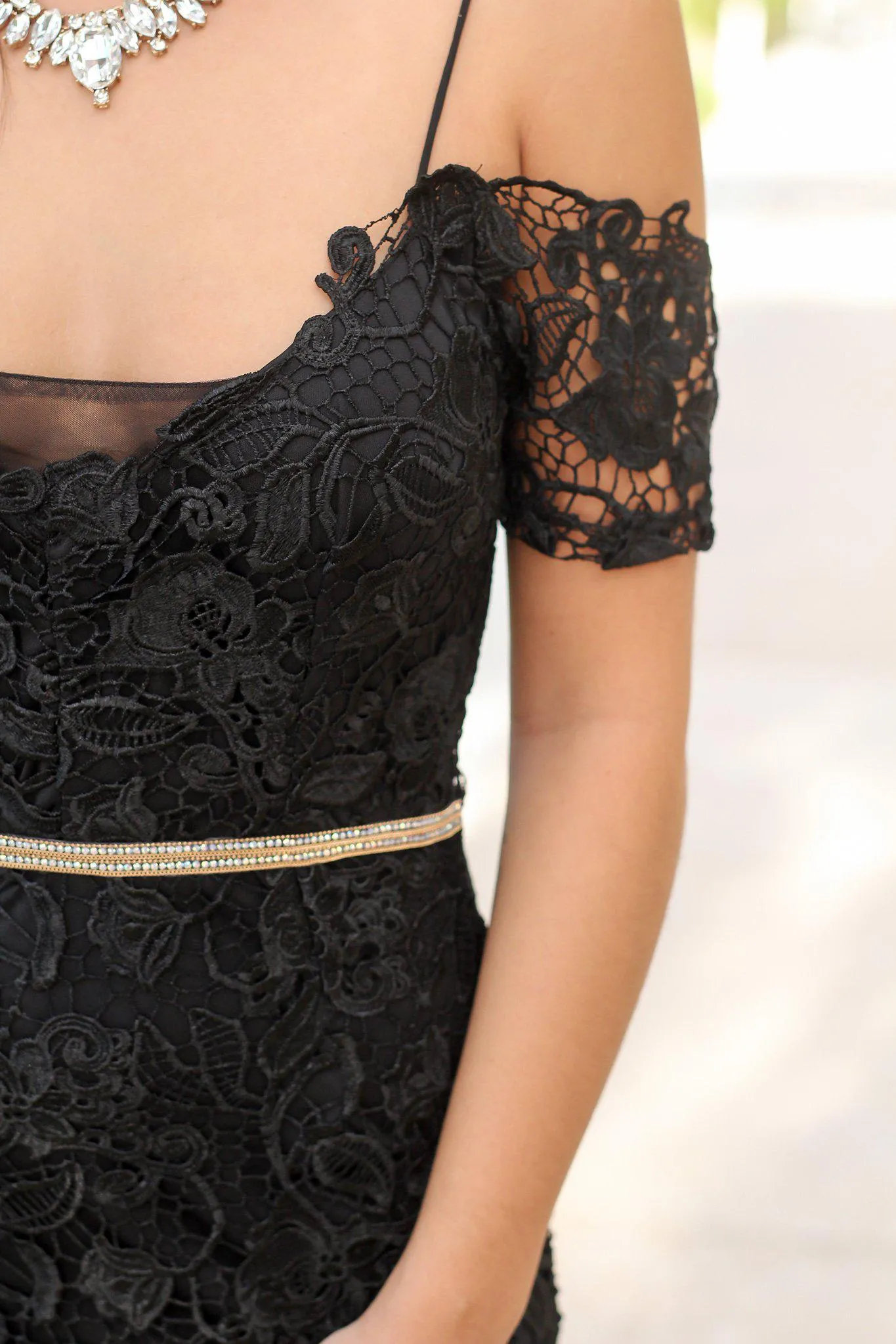 Black Crochet Maxi Dress with Gold Detail