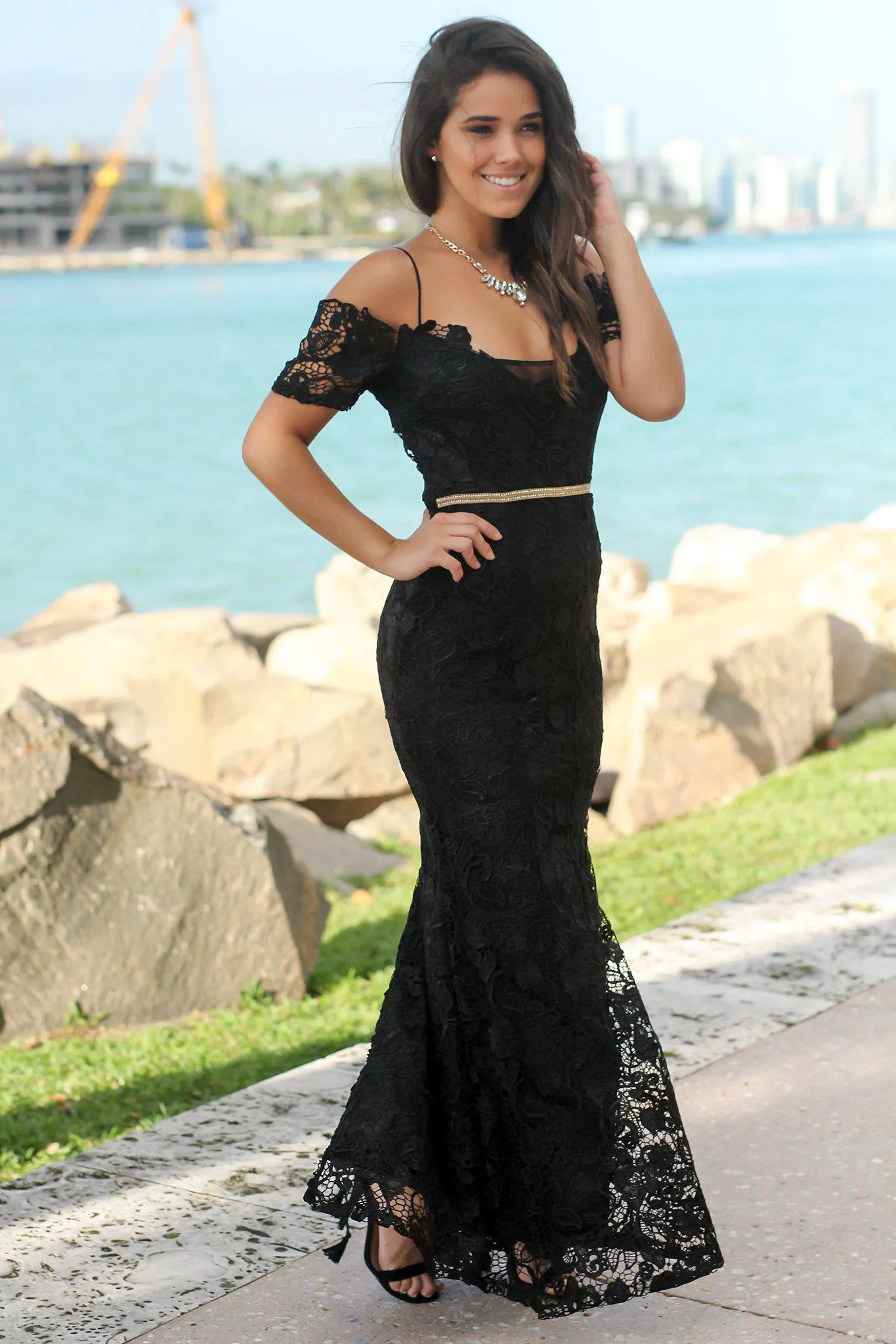 Black Crochet Maxi Dress with Gold Detail