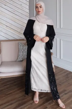 Black Sequin Fringe Open Front Abaya-CLEARANCE