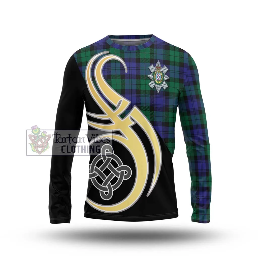 Black Watch Modern Tartan Long Sleeve T-Shirt with Family Crest and Celtic Symbol Style