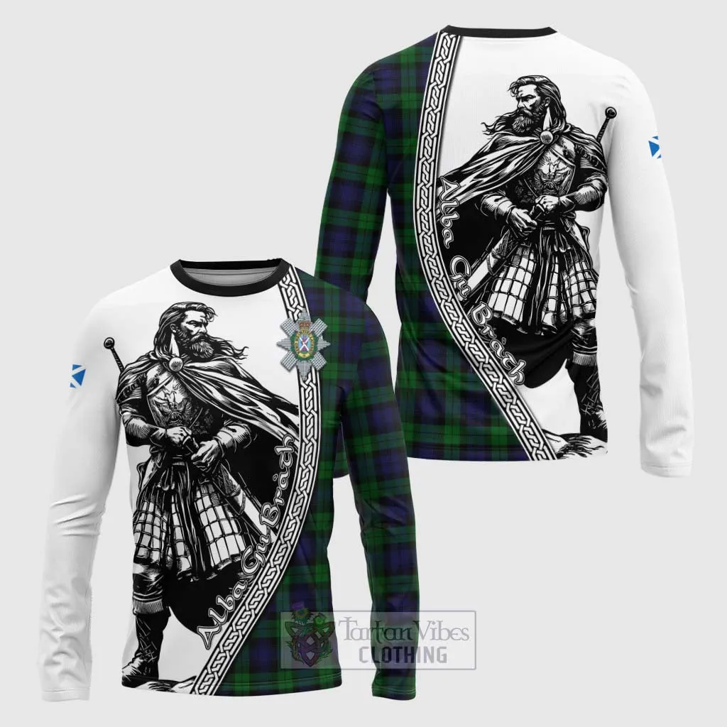 Black Watch Tartan Clan Crest Long Sleeve T-Shirt with Highlander Warrior Celtic Style