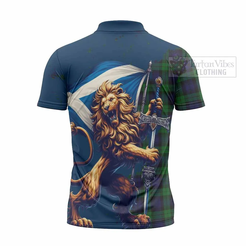 Black Watch Tartan Family Crest Zipper Polo Shirt with Scottish Majestic Lion